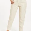 Women's Trousers in Cream with Pleated Waist, Tapered Fit, Faux Leather Detail - Liquorish