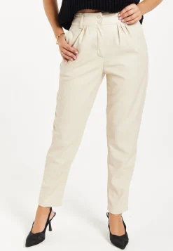 Women's Trousers in Cream with Pleated Waist, Tapered Fit, Faux Leather Detail - Liquorish