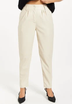 Women's Trousers in Cream with Pleated Waist, Tapered Fit, Faux Leather Detail - Liquorish