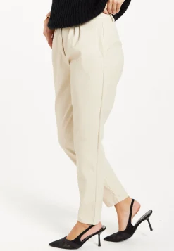 Women's Trousers in Cream with Pleated Waist, Tapered Fit, Faux Leather Detail - Liquorish
