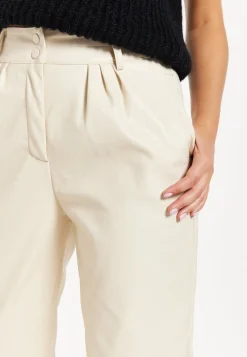 Women's Trousers in Cream with Pleated Waist, Tapered Fit, Faux Leather Detail - Liquorish