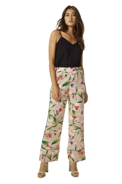 Women's Trousers in Floral Print with Green Piping and Side Pockets - Fitted Wide Leg Style by Liquorish