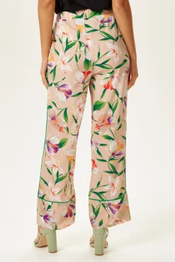 Women's Trousers in Floral Print with Green Piping and Side Pockets - Fitted Wide Leg Style by Liquorish