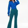 Women's Trousers in Green & Blue Geometric Print with Flared Hem and Side Pockets - Liquorish