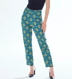 Women's Trousers in Green, Yellow & Navy Geometric Print with Tailored Fit by Liquorish