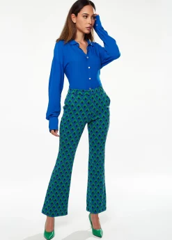 Women's Trousers in Green & Blue Geometric Print with Flared Hem and Side Pockets - Liquorish