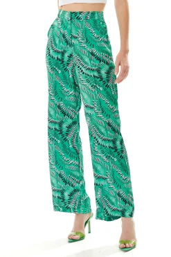 Women's Trousers in Green with Abstract Print, High Rise, Wide Leg Design - Liquorish