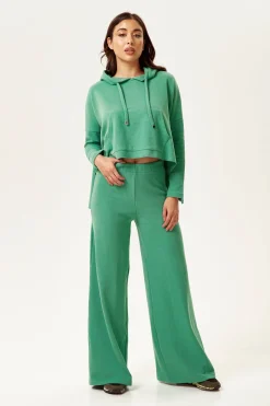 Women's Trousers in Green with High Waisted Wide-Leg Style, Perfect for Casual Days - Liquorish