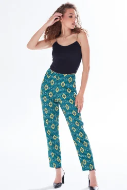 Women's Trousers in Green, Yellow & Navy Geometric Print with Tailored Fit by Liquorish