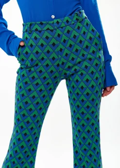 Women's Trousers in Green & Blue Geometric Print with Flared Hem and Side Pockets - Liquorish