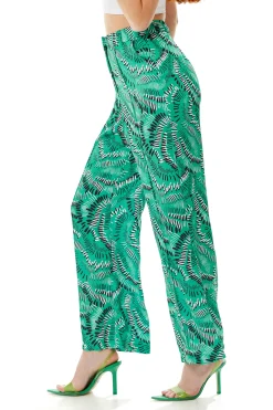 Women's Trousers in Green with Abstract Print, High Rise, Wide Leg Design - Liquorish