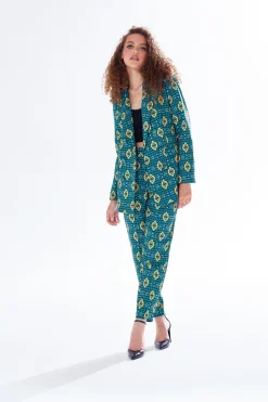 Women's Trousers in Green, Yellow & Navy Geometric Print with Tailored Fit by Liquorish