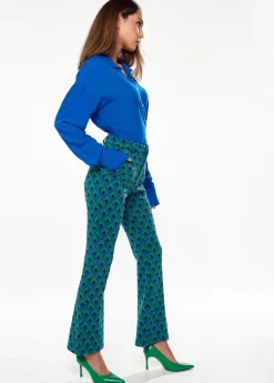 Women's Trousers in Green & Blue Geometric Print with Flared Hem and Side Pockets - Liquorish
