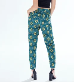 Women's Trousers in Green, Yellow & Navy Geometric Print with Tailored Fit by Liquorish
