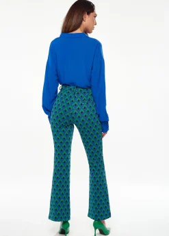 Women's Trousers in Green & Blue Geometric Print with Flared Hem and Side Pockets - Liquorish