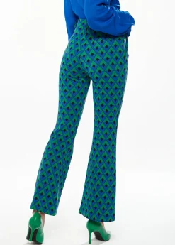 Women's Trousers in Green & Blue Geometric Print with Flared Hem and Side Pockets - Liquorish