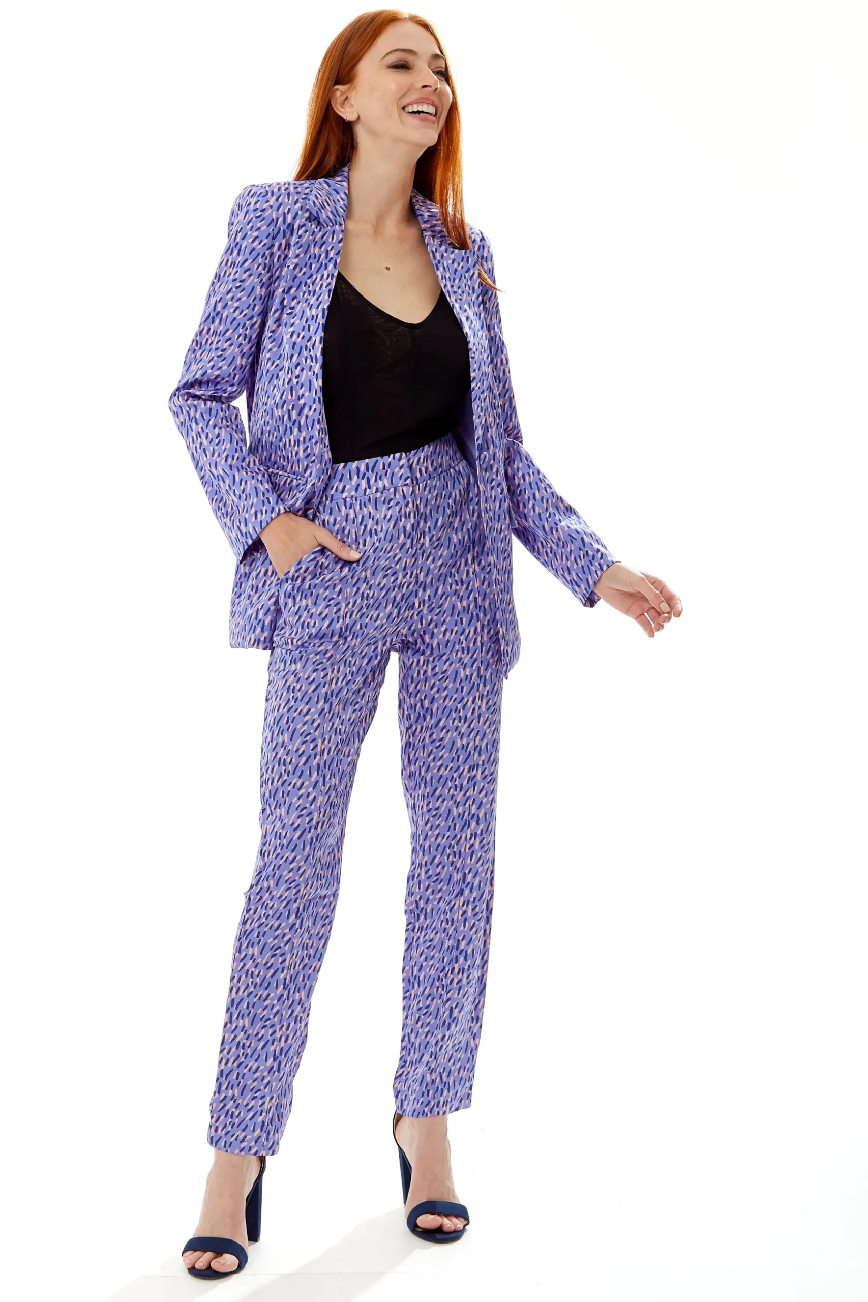 Women's Trousers in Purple with All Over Stroke Print, Tailored Fit, Straight Leg - Liquorish