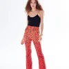 Women's Trousers in Red, Orange & Black Ombre Leopard Print with High Waist & Button Slit Detail - Liquorish
