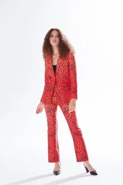 Women's Trousers in Red, Orange & Black Ombre Leopard Print with High Waist & Button Slit Detail - Liquorish