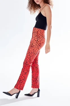 Women's Trousers in Red, Orange & Black Ombre Leopard Print with High Waist & Button Slit Detail - Liquorish