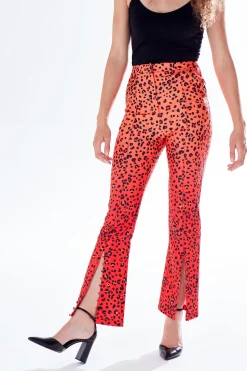 Women's Trousers in Red, Orange & Black Ombre Leopard Print with High Waist & Button Slit Detail - Liquorish