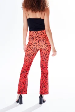 Women's Trousers in Red, Orange & Black Ombre Leopard Print with High Waist & Button Slit Detail - Liquorish