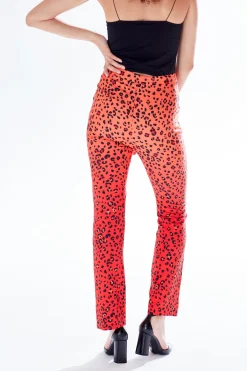 Women's Trousers in Red, Orange & Black Ombre Leopard Print with High Waist & Button Slit Detail - Liquorish