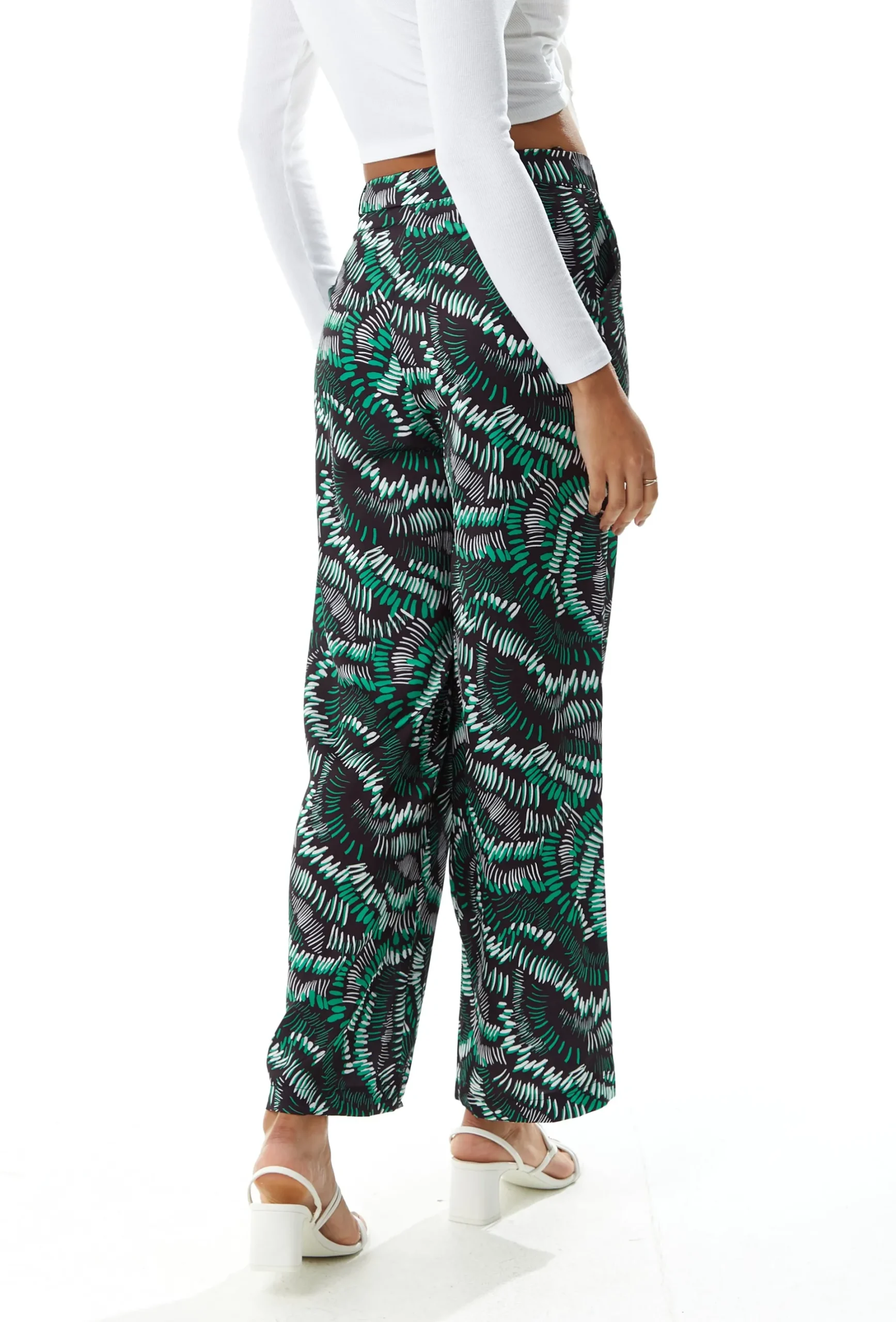 Women's Trousers with Abstract Print in Black, High Rise Wide Leg Style, Front Pockets, Liquorish