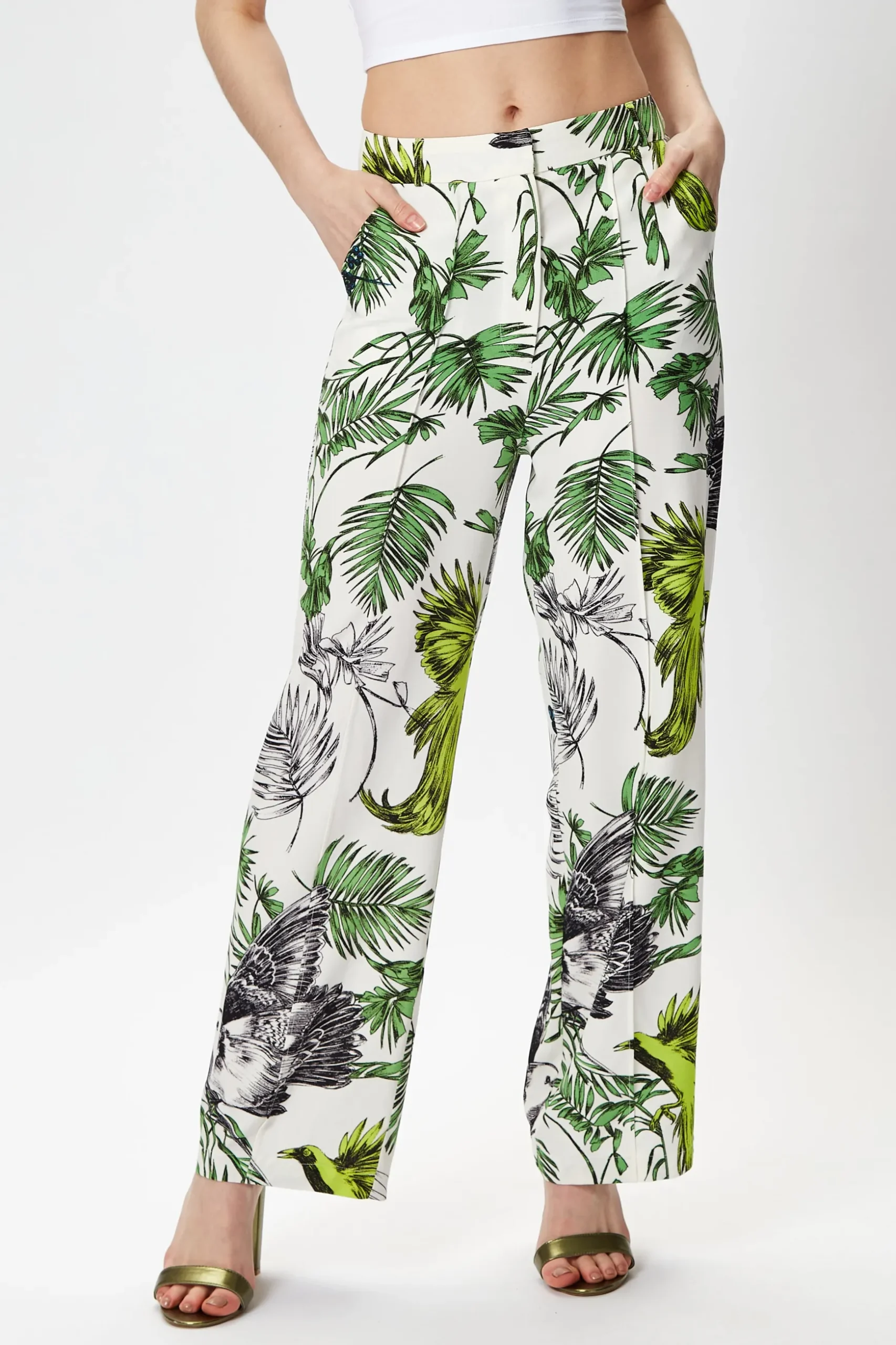 Women's Trousers with High Rise Fit, Bird and Floral Print, Part of Co-ord Set, 100% Polyester - Liquorish