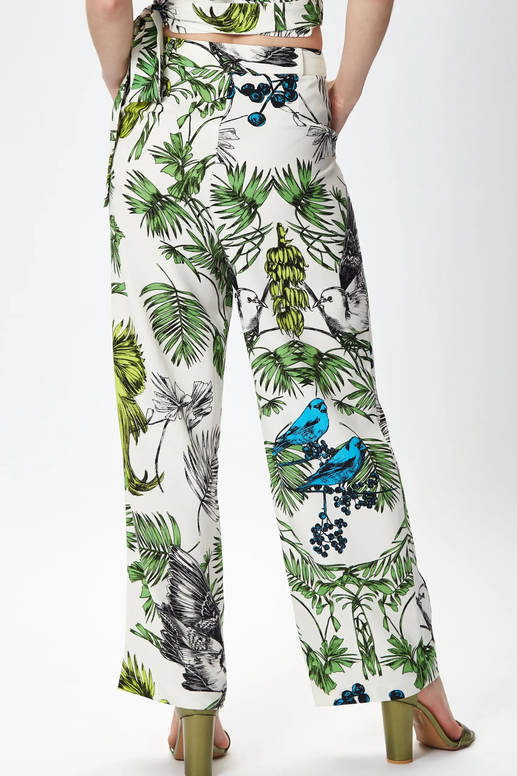 Women's Trousers with High Rise Fit, Bird and Floral Print, Part of Co-ord Set, 100% Polyester - Liquorish