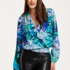 Women's Turquoise Marble Print Wrap Top with Crossover Front, V Neck, Long Sleeves, and Elasticated Waist