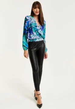 Women's Turquoise Marble Print Wrap Top with Crossover Front, V Neck, Long Sleeves, and Elasticated Waist