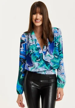 Women's Turquoise Marble Print Wrap Top with Crossover Front, V Neck, Long Sleeves, and Elasticated Waist