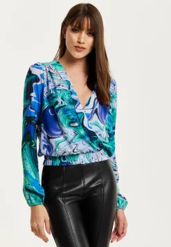 Women's Turquoise Marble Print Wrap Top with Crossover Front, V Neck, Long Sleeves, and Elasticated Waist