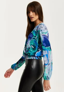 Women's Turquoise Marble Print Wrap Top with Crossover Front, V Neck, Long Sleeves, and Elasticated Waist