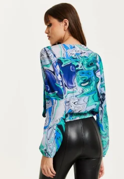 Women's Turquoise Marble Print Wrap Top with Crossover Front, V Neck, Long Sleeves, and Elasticated Waist