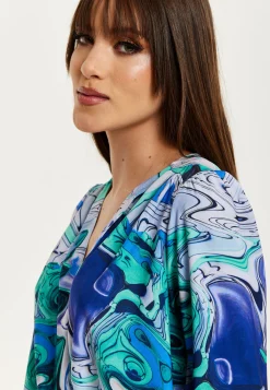 Women's Turquoise Marble Print Wrap Top with Crossover Front, V Neck, Long Sleeves, and Elasticated Waist