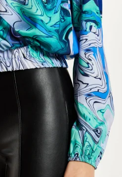 Women's Turquoise Marble Print Wrap Top with Crossover Front, V Neck, Long Sleeves, and Elasticated Waist