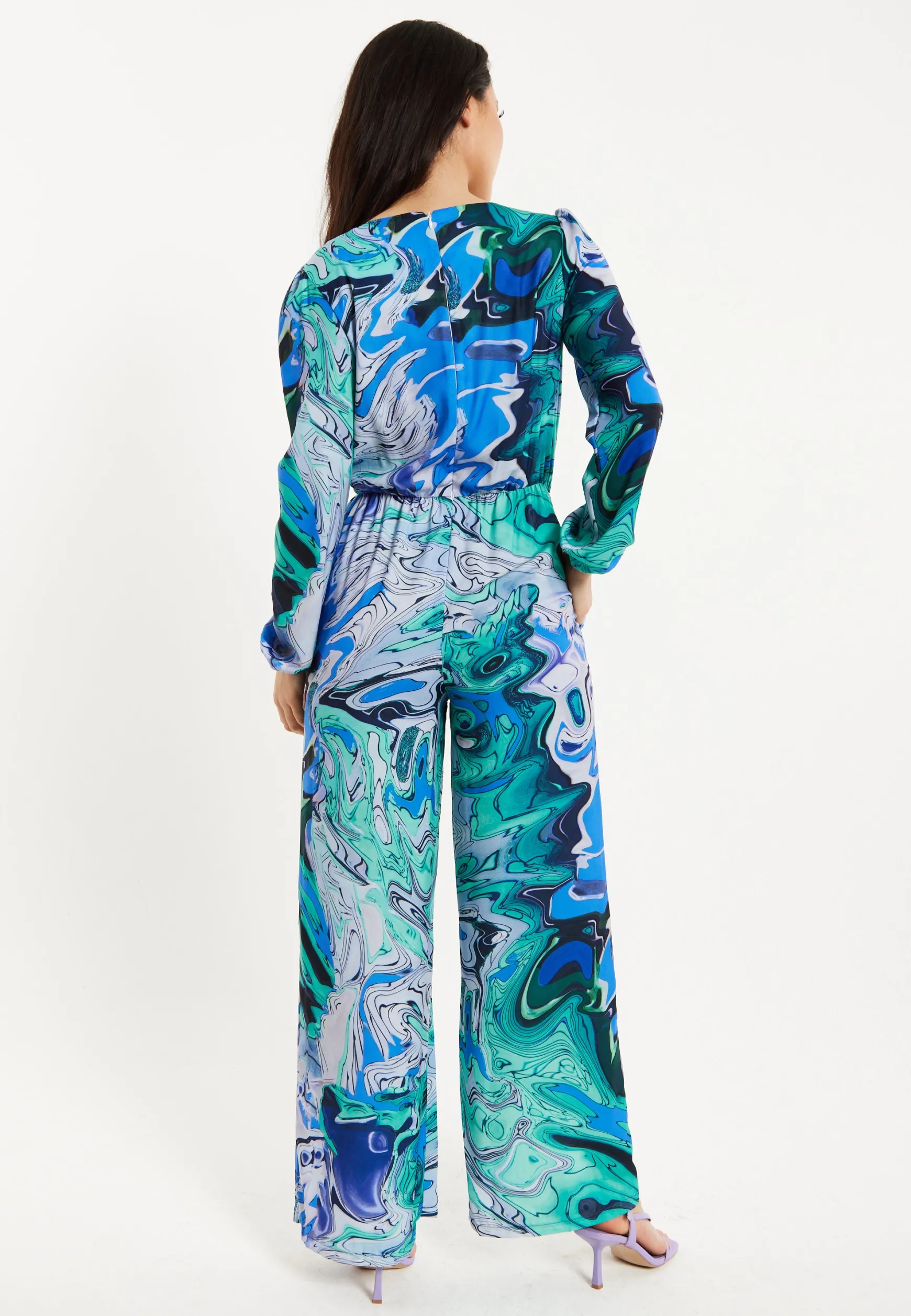 Women's V Neck Long Sleeve Turquoise Marble Print Jumpsuit with Pockets - Liquorish