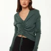 Women’s V-Neck Top with Ruching Detail in Green - Long Sleeves, Chic Design, Adjustable Fit, Versatile Style