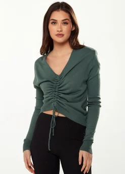 Women’s V-Neck Top with Ruching Detail in Green - Long Sleeves, Chic Design, Adjustable Fit, Versatile Style
