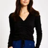 Women's V-Neck Top with Ruching Detail in Black - Full-Length Sleeves, Cropped Fit, Elegant Design