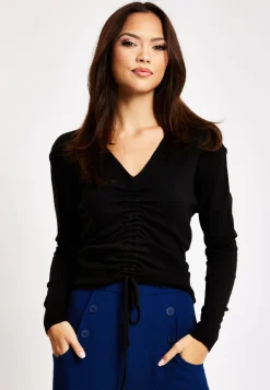 Women's V-Neck Top with Ruching Detail in Black - Full-Length Sleeves, Cropped Fit, Elegant Design