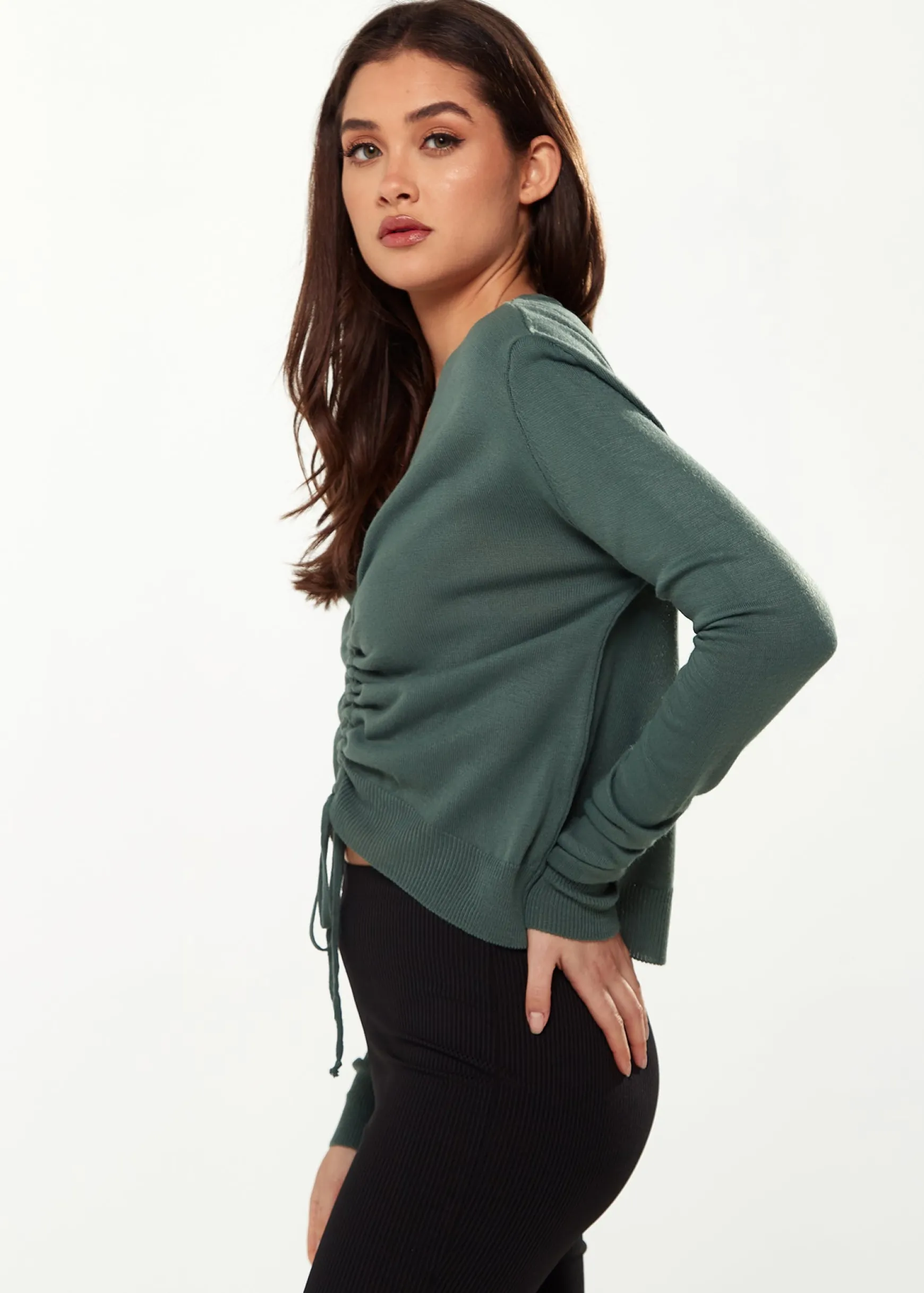 Women’s V-Neck Top with Ruching Detail in Green - Long Sleeves, Chic Design, Adjustable Fit, Versatile Style