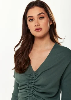 Women’s V-Neck Top with Ruching Detail in Green - Long Sleeves, Chic Design, Adjustable Fit, Versatile Style