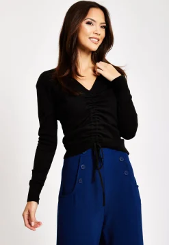 Women's V-Neck Top with Ruching Detail in Black - Full-Length Sleeves, Cropped Fit, Elegant Design