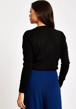 Women's V-Neck Top with Ruching Detail in Black - Full-Length Sleeves, Cropped Fit, Elegant Design