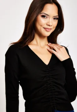 Women's V-Neck Top with Ruching Detail in Black - Full-Length Sleeves, Cropped Fit, Elegant Design