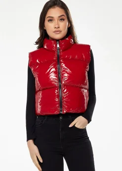 Women’s Wet Look Gilet in Red - Sleeveless, High Neck, Zip Closure, Cropped Fit, Regular Fit, Perfect for Cold Days.