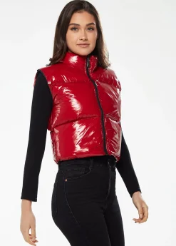 Women’s Wet Look Gilet in Red - Sleeveless, High Neck, Zip Closure, Cropped Fit, Regular Fit, Perfect for Cold Days.